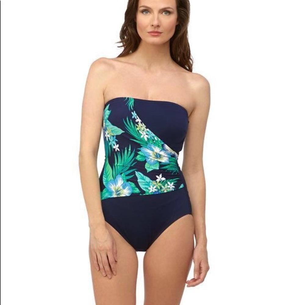 NWT Gabar swimsuit navy blue bandeau swag drape g84185